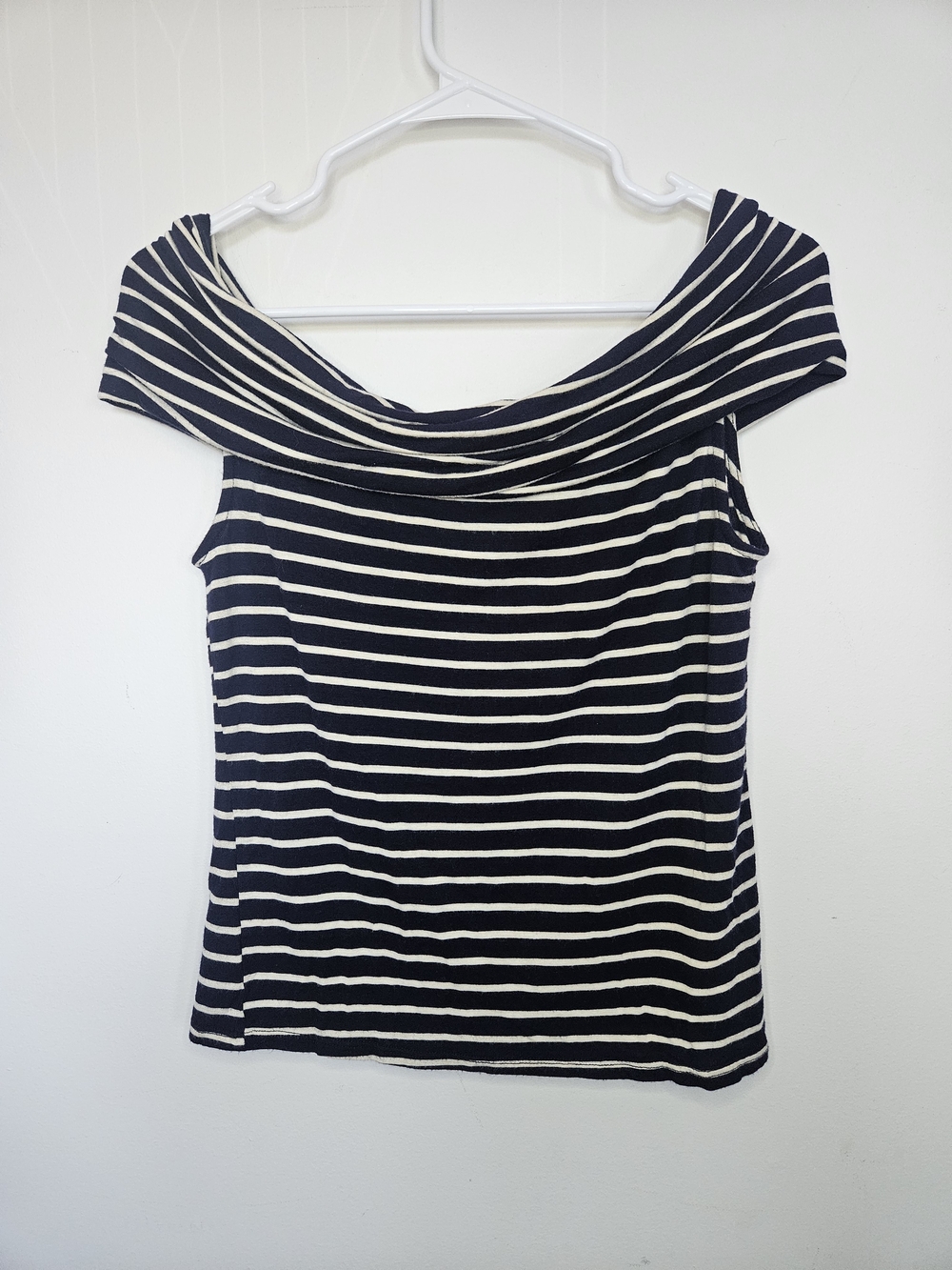 ​REITMANS Navy Blue White Striped Off The Shoulder Top Large🔥